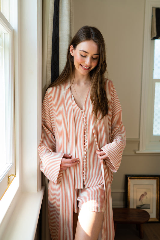 Summer Bridal Pyjama Set with Robe - Pink Stripe TENCEL
